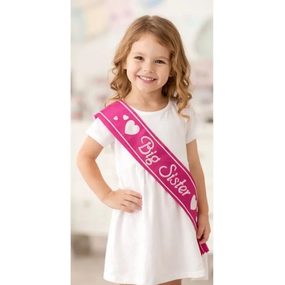 Big Sister Pink Satin Sash Heart Print Party Celebration Accessory